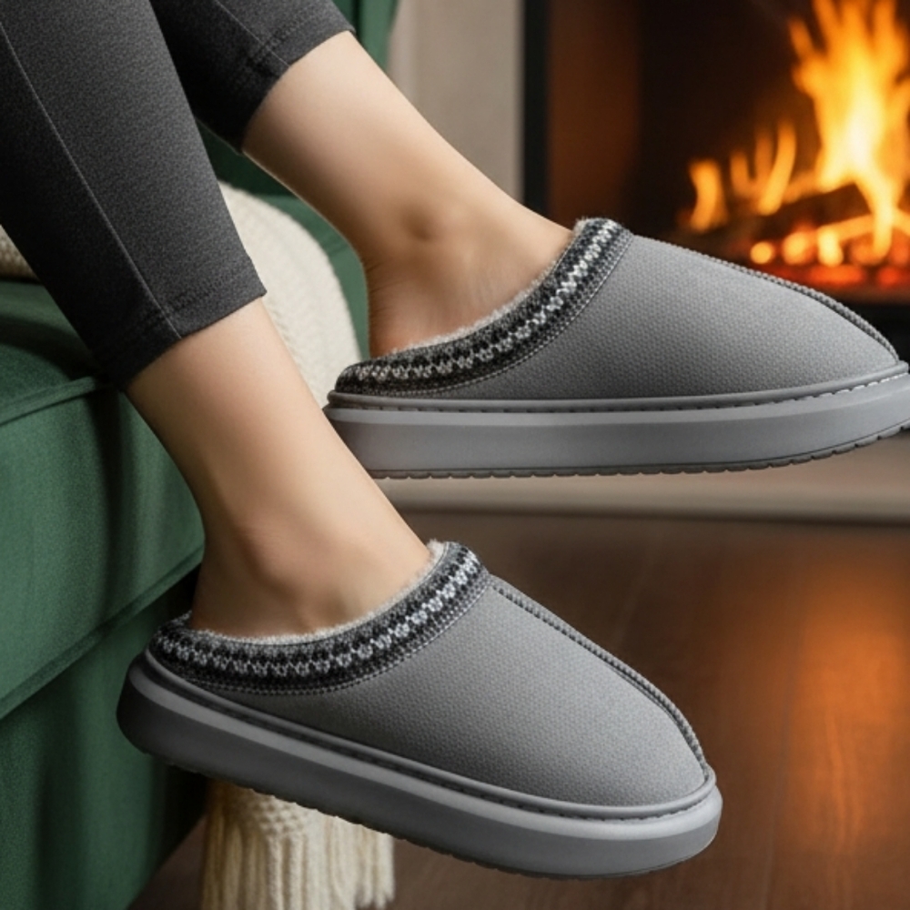 Embroidered Vegan Fur Faux Suede Platform Slippers Slip-On House Shoes Clogs